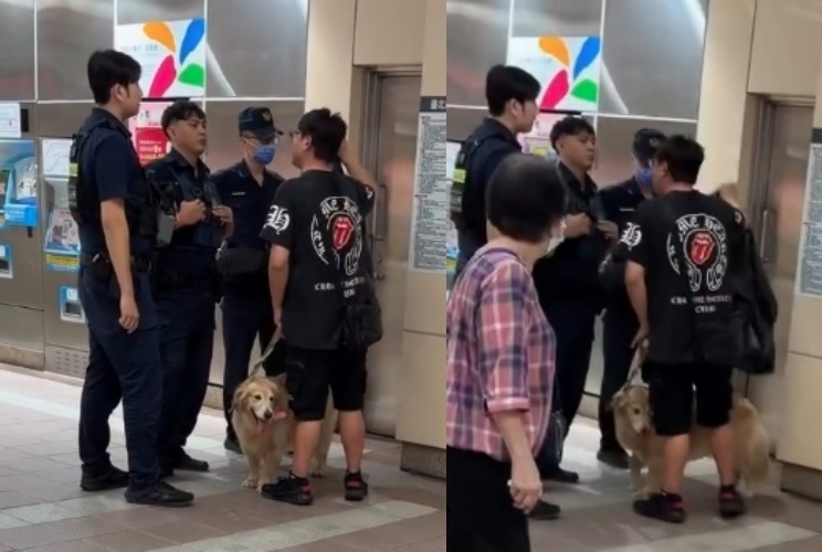 新莊捷運站發生一起攜帶寵物衝突,一名男乘客主張利用大型黑色垃圾袋包裝黃金獵犬即可進站,遭警方攔阻後情緒失控。(threads網友wood07235200提供)