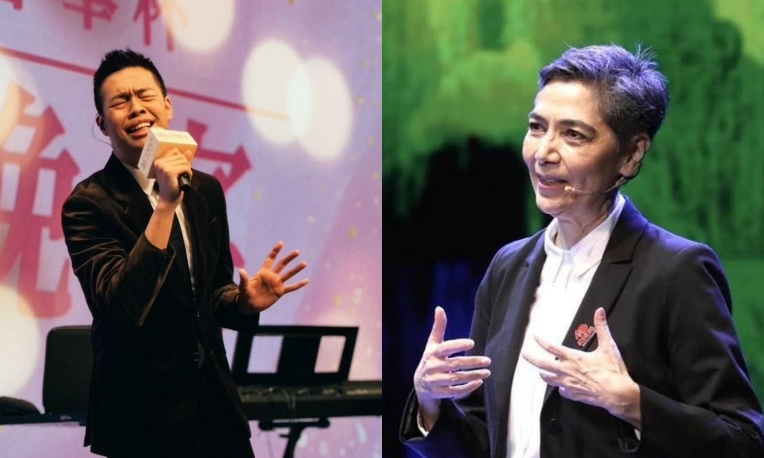 賴佩霞(右)、陳大天曾因不同原因退出舞台劇演出,前者在《蘑菇》開演前辭演,後者則是在《三個傻瓜》巡演期間因涉嫌逃兵遭換角。(翻攝陳大天、賴佩霞 FB)