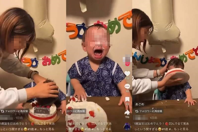 1名日本母親慶祝1歲寶寶生日,卻將寶寶的臉狠狠且重複按進蛋糕裡,即使寶寶放聲大哭也沒停手。(翻攝自X)