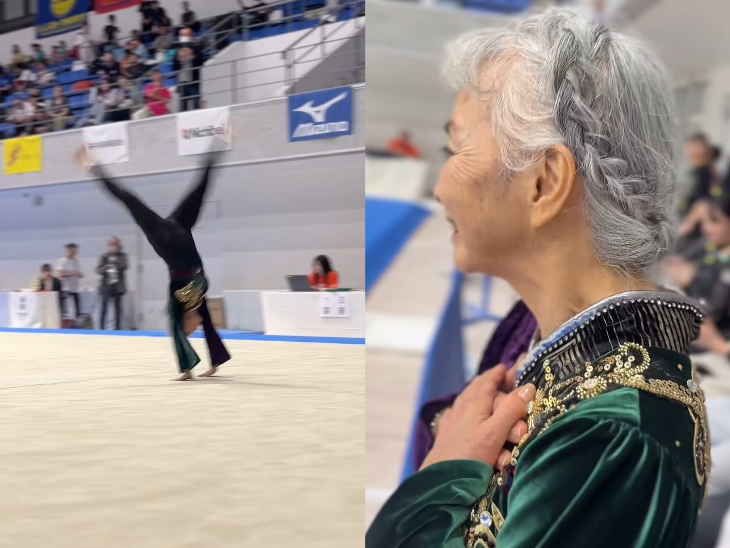 73歲的檜山直美,在賽場上俐落完成跳馬、高低槓、平衡木及自由體操4項體操動作。(翻攝自instagram@airyjapan711)