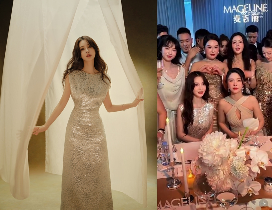 Angelababy身穿Dior高定禮服參加品牌活動,美貌依舊,但被網紅及微商代表圍繞當人肉布景板拍照,她的臉上還是閃現一絲尷尬。(楊穎工作室微博/微博圖片)