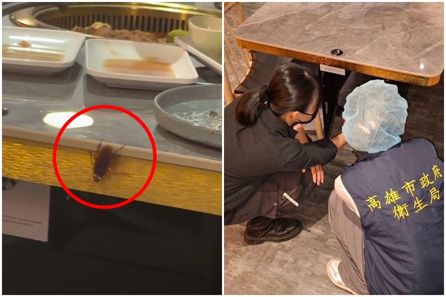 高雄三民區一家連鎖燒肉店餐桌上出現超大蟑螂,噁心畫面遭客人PO網爆料。(翻攝自Threads@chenkaiyi0613)