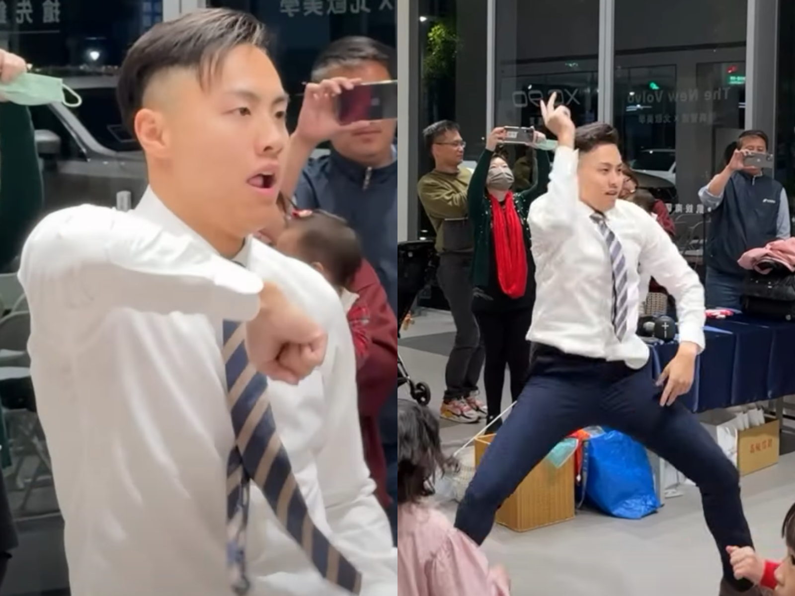 汽車業務員陳宗賢在耶誕節前夕公司舉辦親子活動,穿著白襯衫、西裝褲大跳16蹲嗨翻全場,影片也在網路引起討論,網友封他是「被賣車耽誤的舞王」。(IG/jet_auto_south授權)