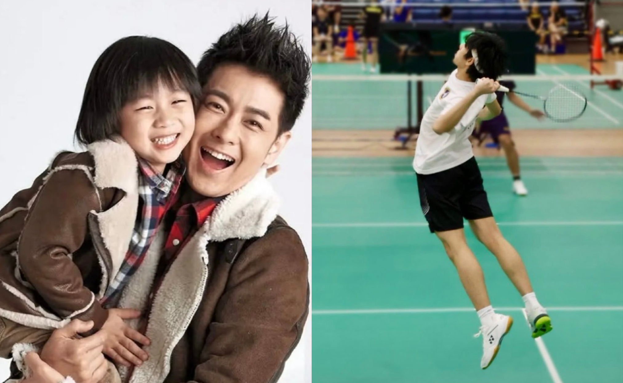 林志穎過去曾帶著Kimi參加《爸爸去哪兒》(左圖),近日他分享16歲的Kimi打羽球的帥氣模樣(右圖)。(翻攝微博、林志穎臉書)