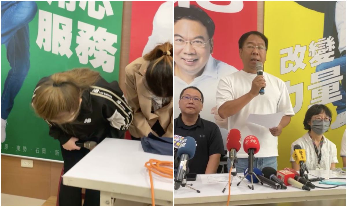 民進黨台中市議員謝志忠(右圖中)今協同政府單位及業者(左圖)召開記者會,業者也在會中鞠躬致歉。(謝志忠臉書直播)