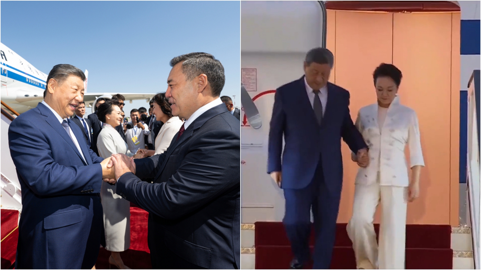 習近平飛抵吉爾吉斯時,下樓梯疑腳步不穩需靠妻子彭麗媛攙扶。(翻攝新華社官網、X)