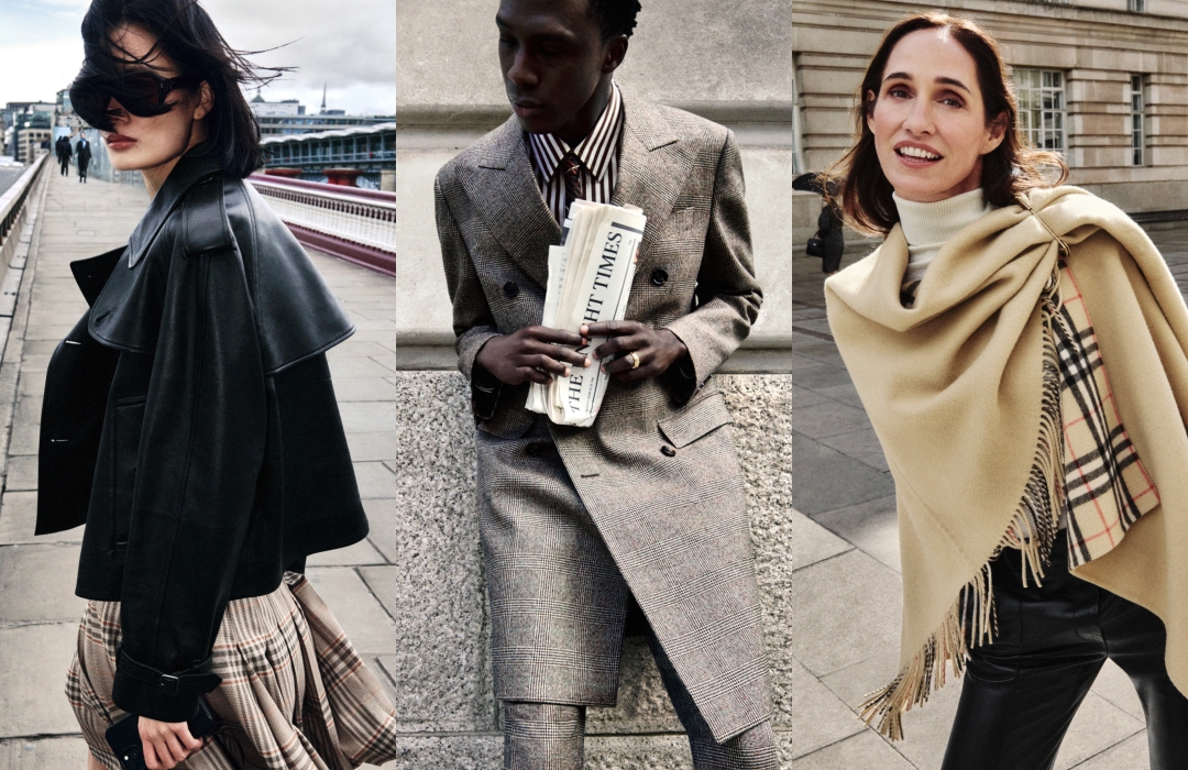 BURBERRY找來(左起)中國模特兒齊浩潔、手西非模特兒Cherif Douamba與英國模特兒Rosemary Ferguson演繹全新秋季系列的都市通勤視覺形象。(BURBERRY提供)
