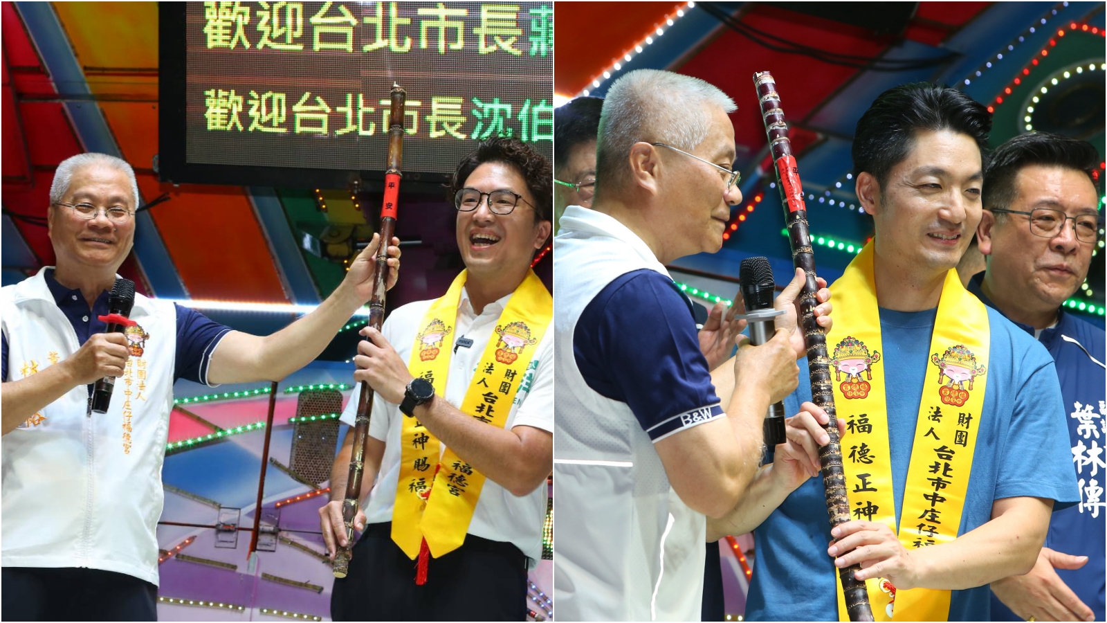 沈伯洋、蔣萬安先後從中庄仔福德宮董事長林春裕手中接下甘蔗,但兩人的甘蔗外觀差很多,引發聯想。(鏡報姜永年)