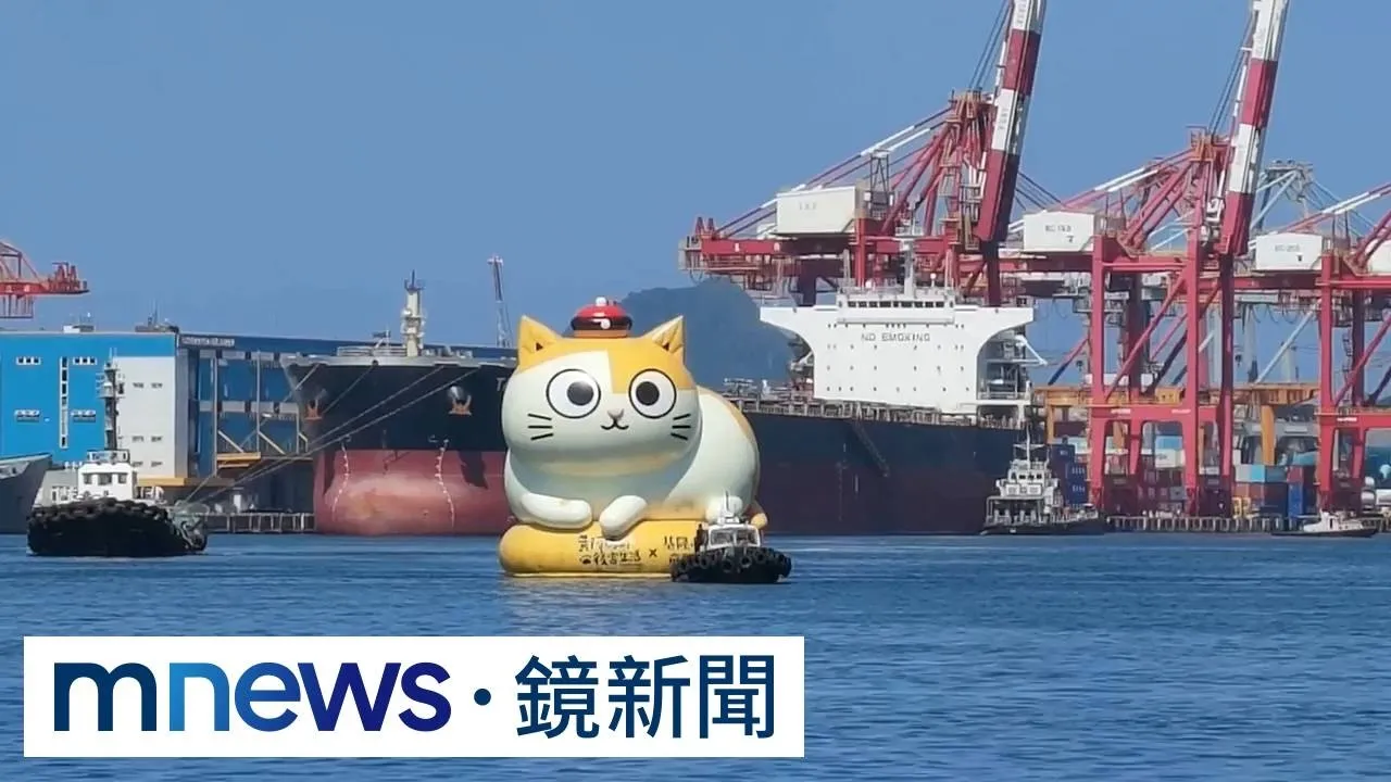 15公尺高大貓入港！　巨無霸人氣IP黃阿瑪現身基隆港
