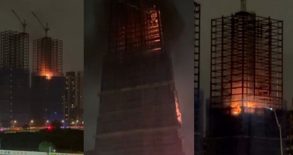 新北市新店區一處高樓建案工地於深夜突發大火,19樓高處竄出猛烈火舌與濃煙,警消獲報後大陣仗前往救援。(翻攝自臉書)