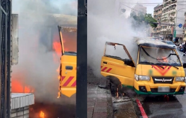 新北市新店區今日上午發生一起娃娃車起火意外,車輛底盤突冒濃煙,隨後整輛車陷入火海,畫面險象環生。(翻攝畫面)