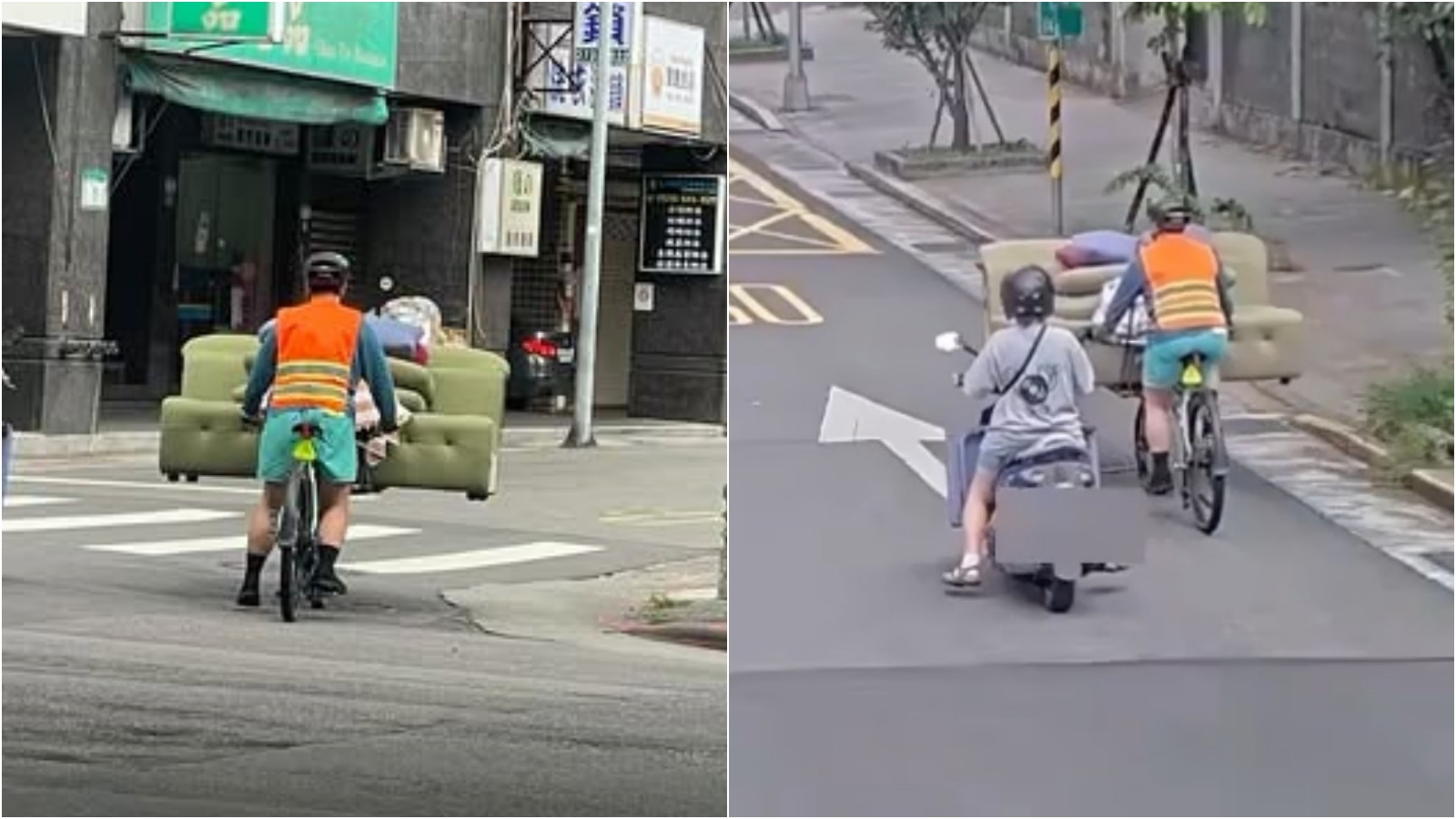 北市男「騎腳踏車」載3人座沙發。(翻攝爆料公社、警方提供)