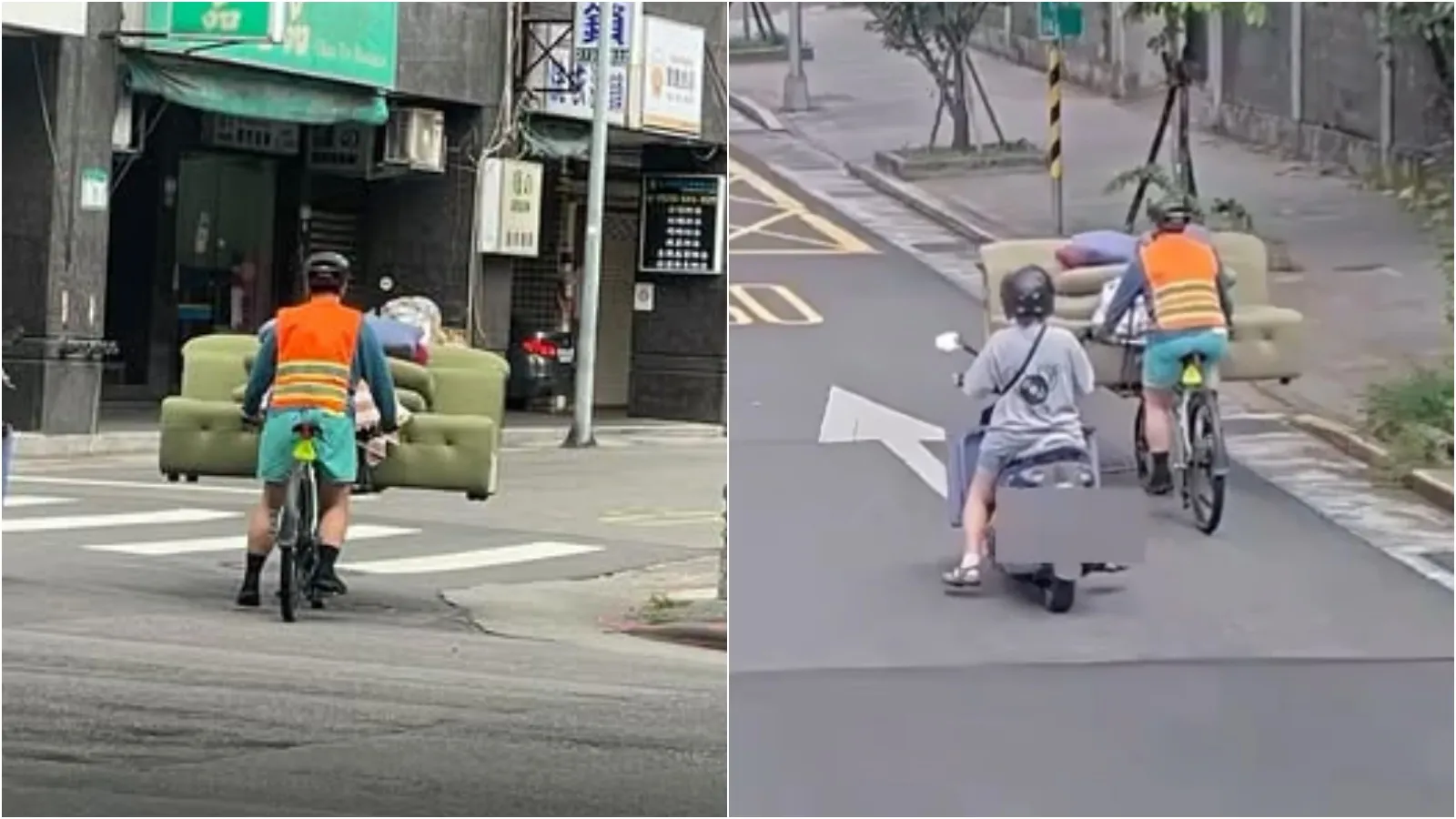 狂！北市男「騎腳踏車」載3人座沙發　大安分局回應了
