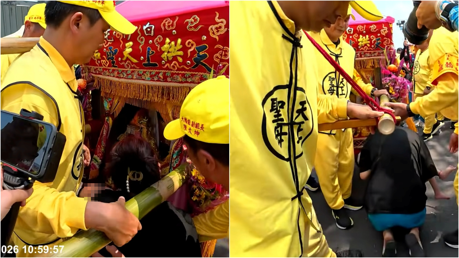 婦人帶重病兒跪求媽祖庇佑,媽祖特別停轎5分鐘,令人相當動容。(翻攝白沙屯媽祖網路電視台YT)