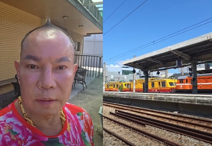 有「竹北吊車大王」之稱的啟德機械起重工程董事長胡漢龑,身穿標誌性的鮮艷花襯衫,獨自站在新豐火車站旁凝視鐵軌,眼眶含淚回憶60多年前已故父親胡鵬飛騎單車載胡漢龑看火車的童年往事。(翻攝自臉書/啟德機械起重工程-股公司)