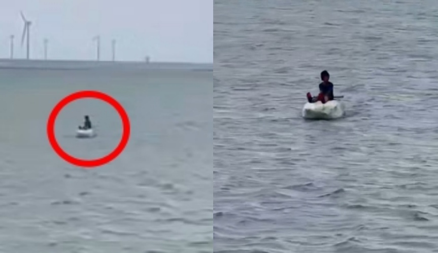 一名年僅11歲的男童竟獨自乘著巨大保麗龍塊在海面上漂流,所幸遭熱心釣客發現並通報海巡人員平安救起。(翻攝自臉書/聯合釣具-竹南店)
