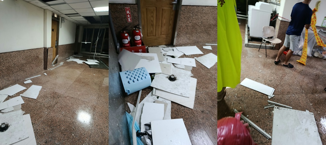 受颱風薔琵外圍環流影響,位在陽明山迎風面的中國文化大學出現劇烈風雨,宿舍4樓走廊天花板遭強風灌入直接坍塌碎裂,砸傷處理災情之樓長。(threads網友azhanhuang4授權提供)