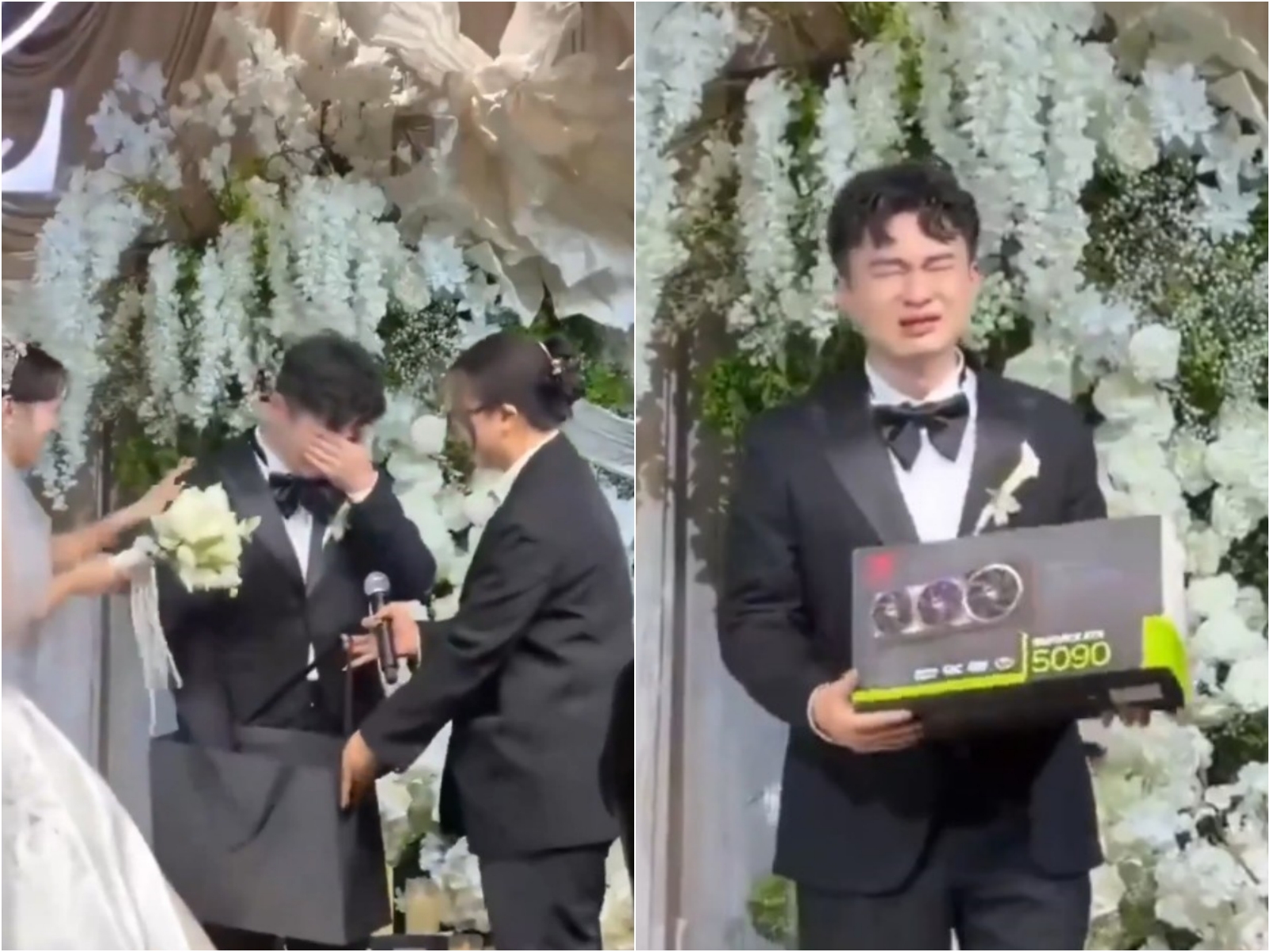 婚禮上新娘送「輝達最強顯卡」,新郎當場哭出來。(翻攝X)