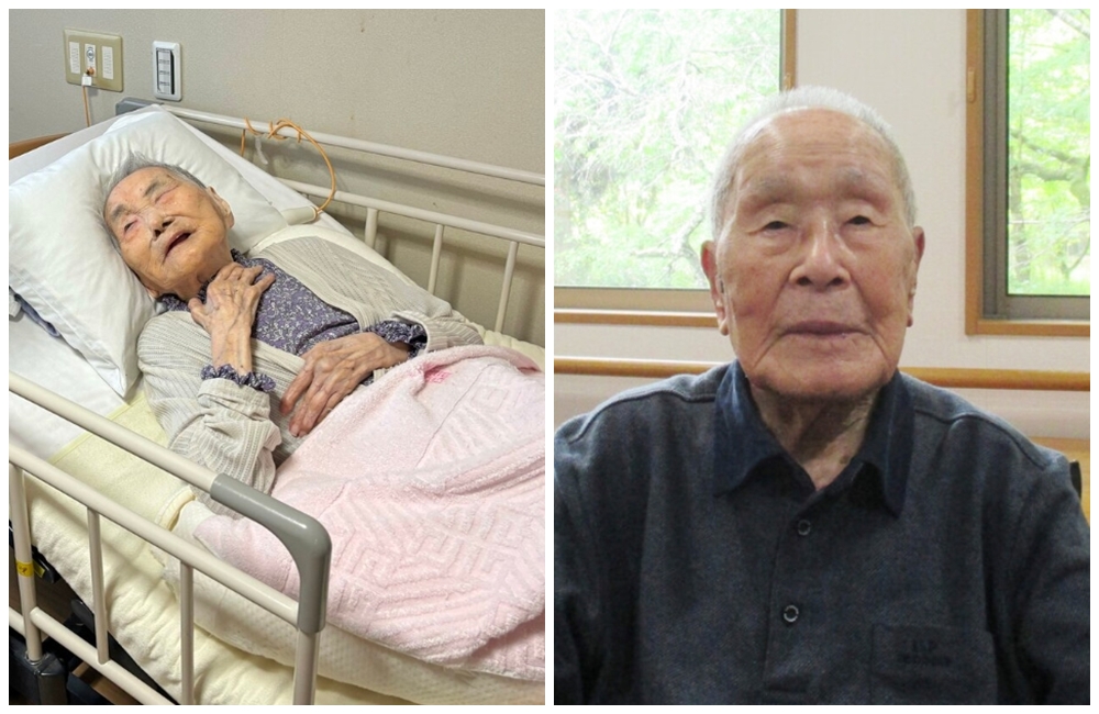 日本最高齡女性114歲岸本(左)以及最高齡男性113歲加藤光。(翻攝畫面)