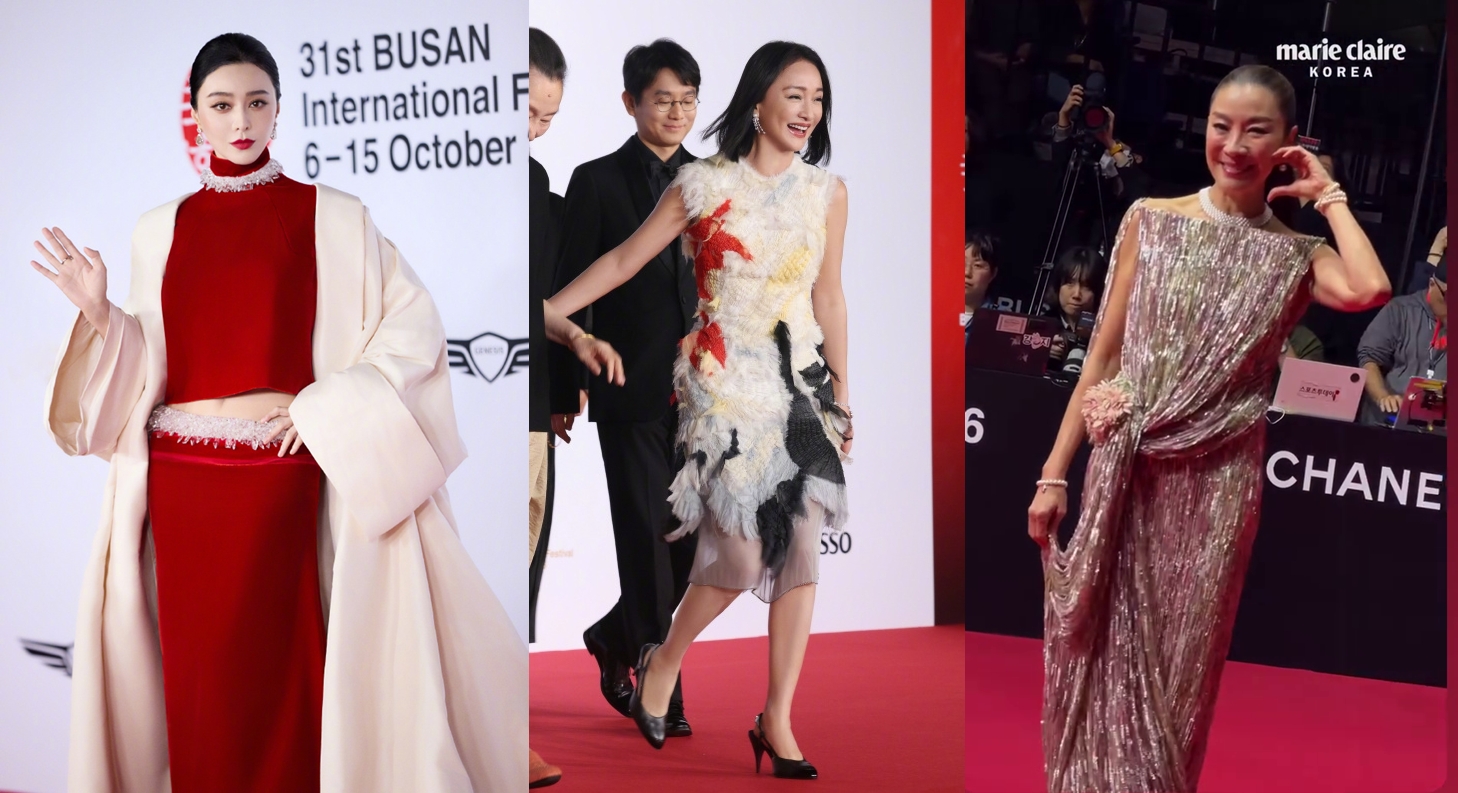 周迅(左起)、楊紫瓊、范冰冰3位華人大咖影后齊聚升格後的釜山影展。(周迅工作室/楊紫瓊IG/范冰冰工作室)