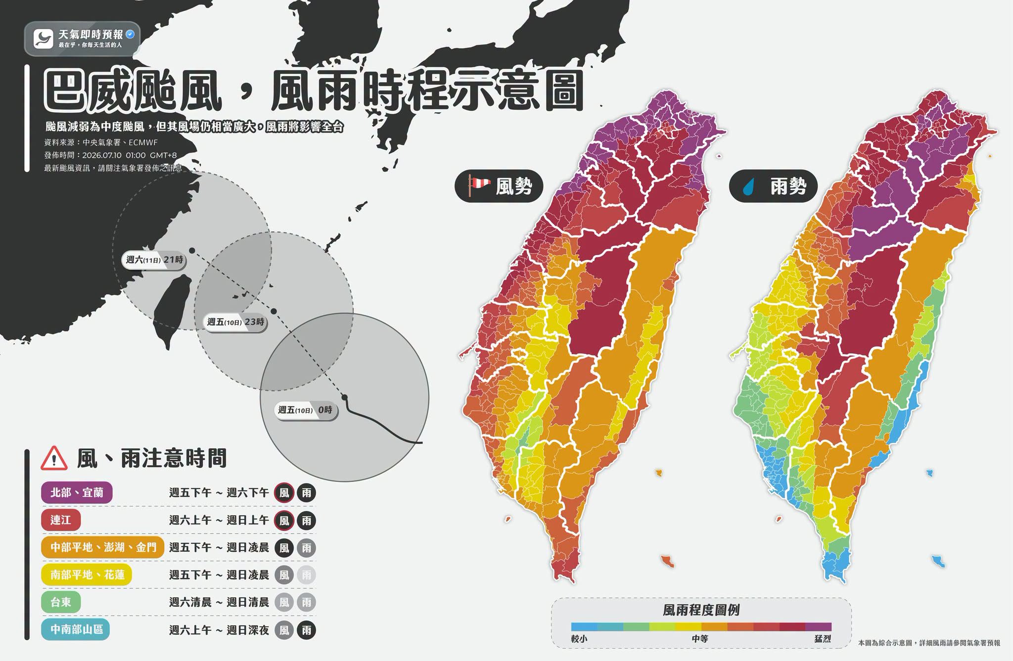 氣象粉專「天氣即時預報」說明一張風雨時程圖。(翻攝自臉書@天氣即時預報)
