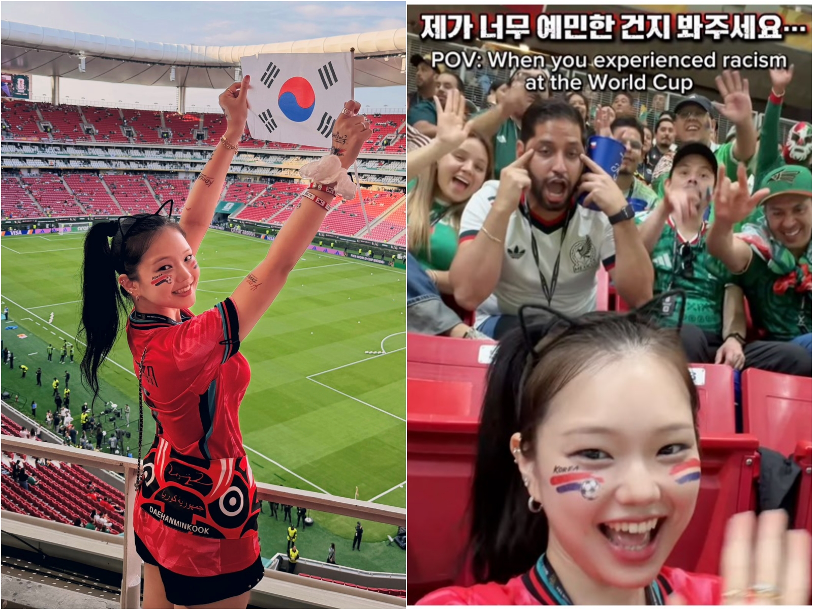 墨西哥球迷對她做出「拉眼角」歧視手勢,韓國正妹網紅ino Cat選擇相信好人更多。(翻攝自IG、X@inocat_t)