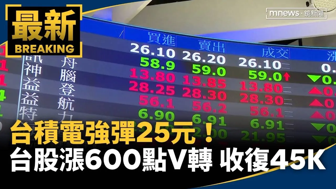 台積電強彈25元！　台股V轉漲逾600點　收復45K大關