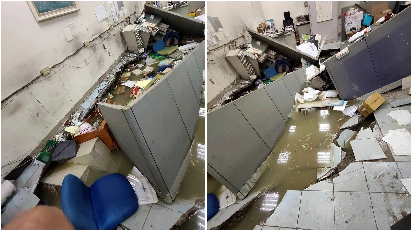 台北市民權東路二段今日下午驚傳地基塌陷,疑為建案施工不當,造成鄰房辦公室地基下陷。(議員柳采葳提供)