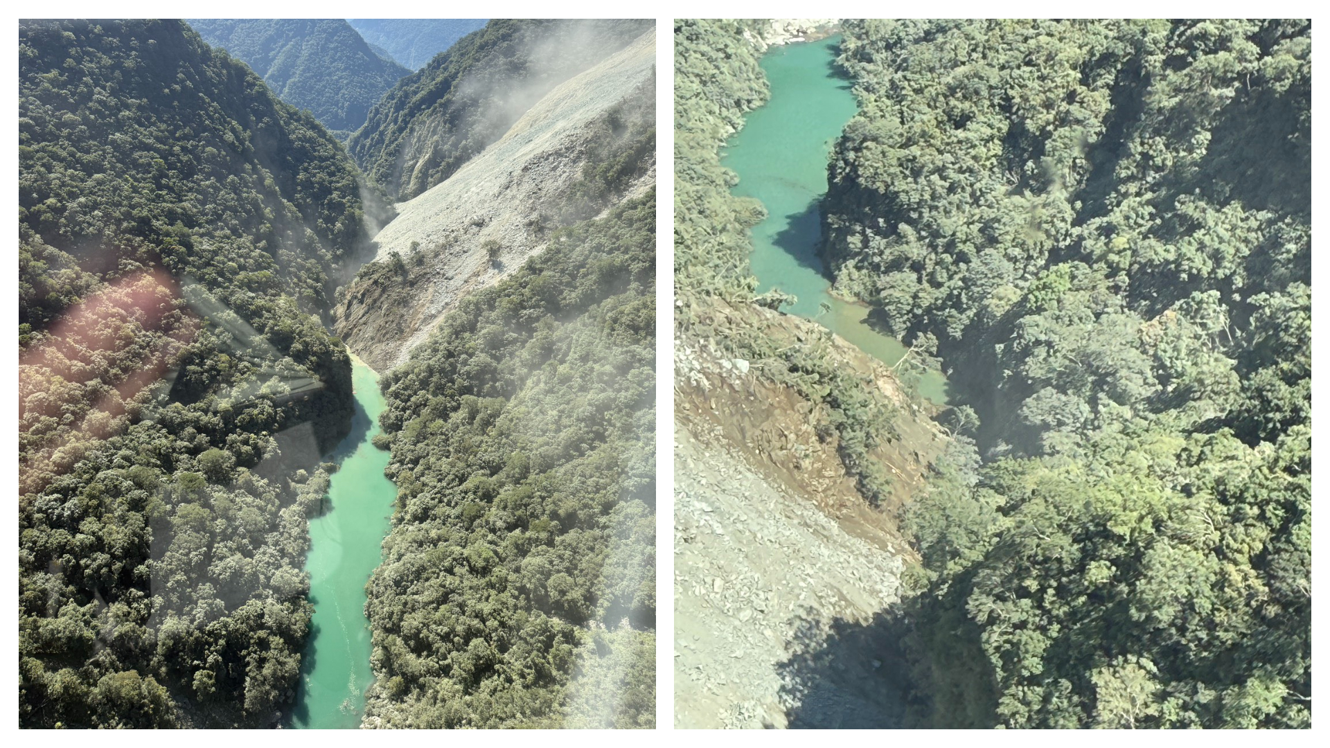 花蓮萬里溪上游21日發現因河岸大規模崩塌進而阻塞河道形成堰塞湖。(林保署提供)
