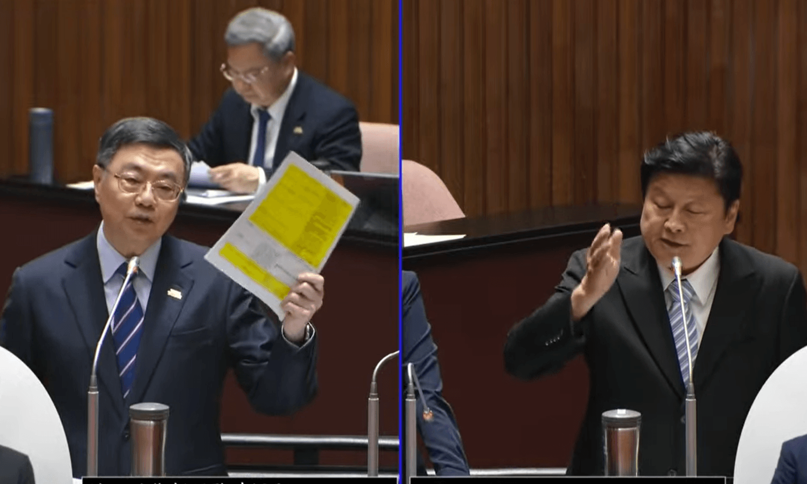 傅崐萁(右)針對花蓮洪災究責問題質詢卓榮泰。(翻攝自國會頻道)