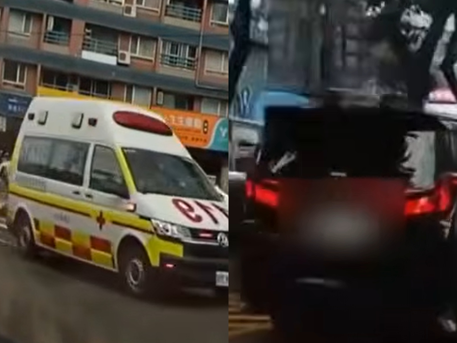 一名駕駛左轉為禮讓救護車(左圖)通行先停等,竟遭後方黑色廂型車(右圖)猛按喇叭,並在併行時飆粗話。(翻攝自爆料公社)