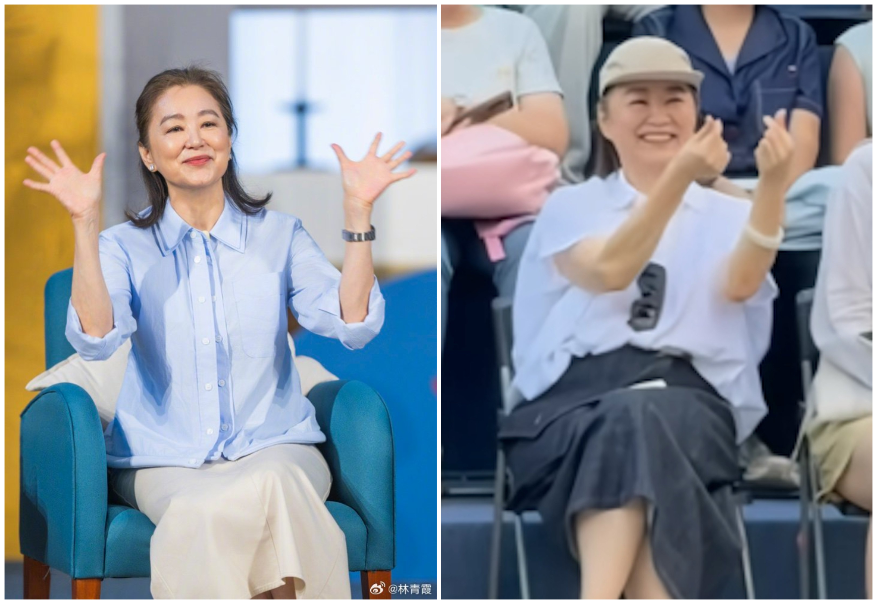林青霞最近現身江西(右),對粉絲比愛心,毫無架子。(翻攝抖音畫面)