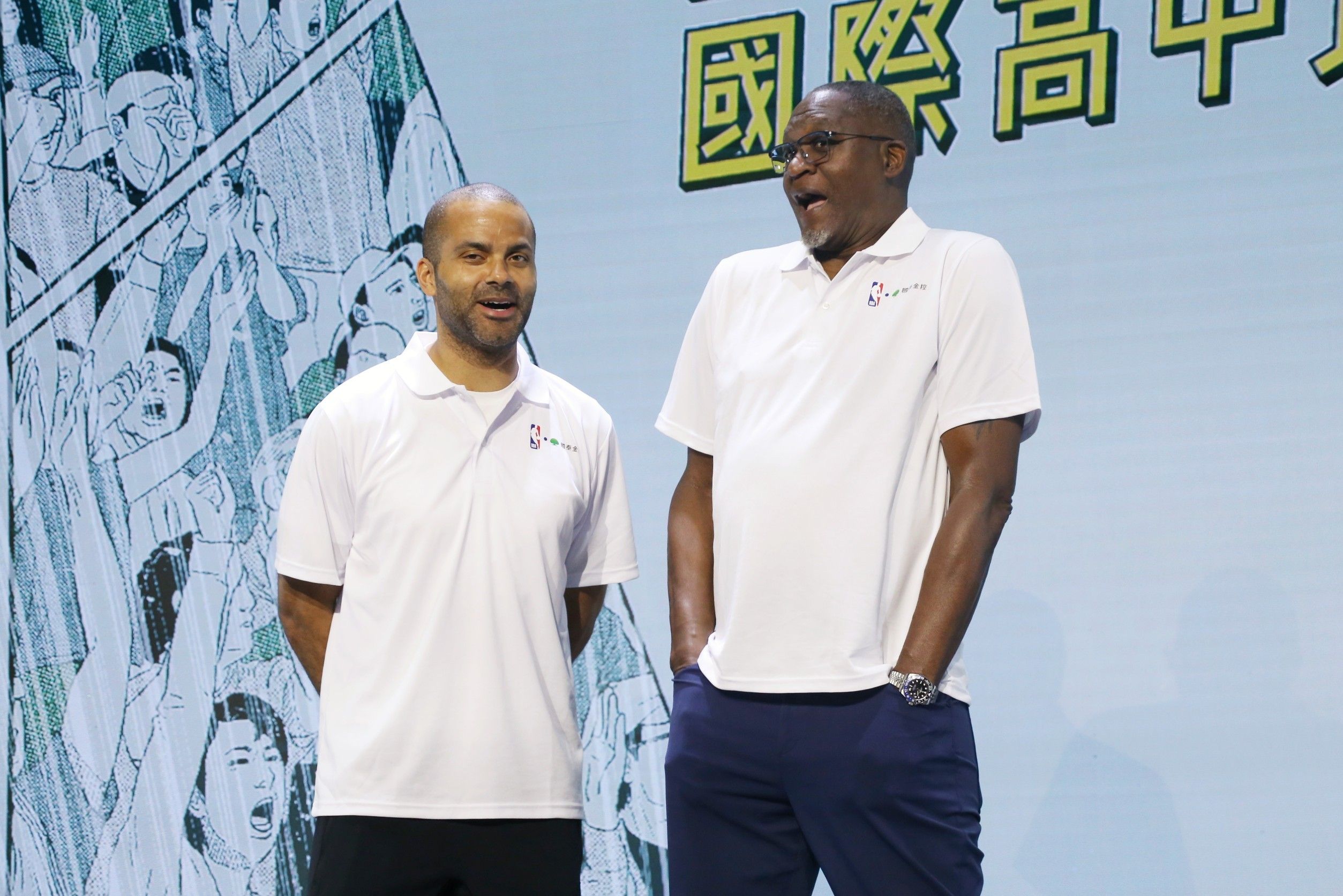 帕克(Tony Parker,左)與威金斯(Dominique Wilkins)來台出席記者會,暢談NBA生涯。(陳卓邦攝)
