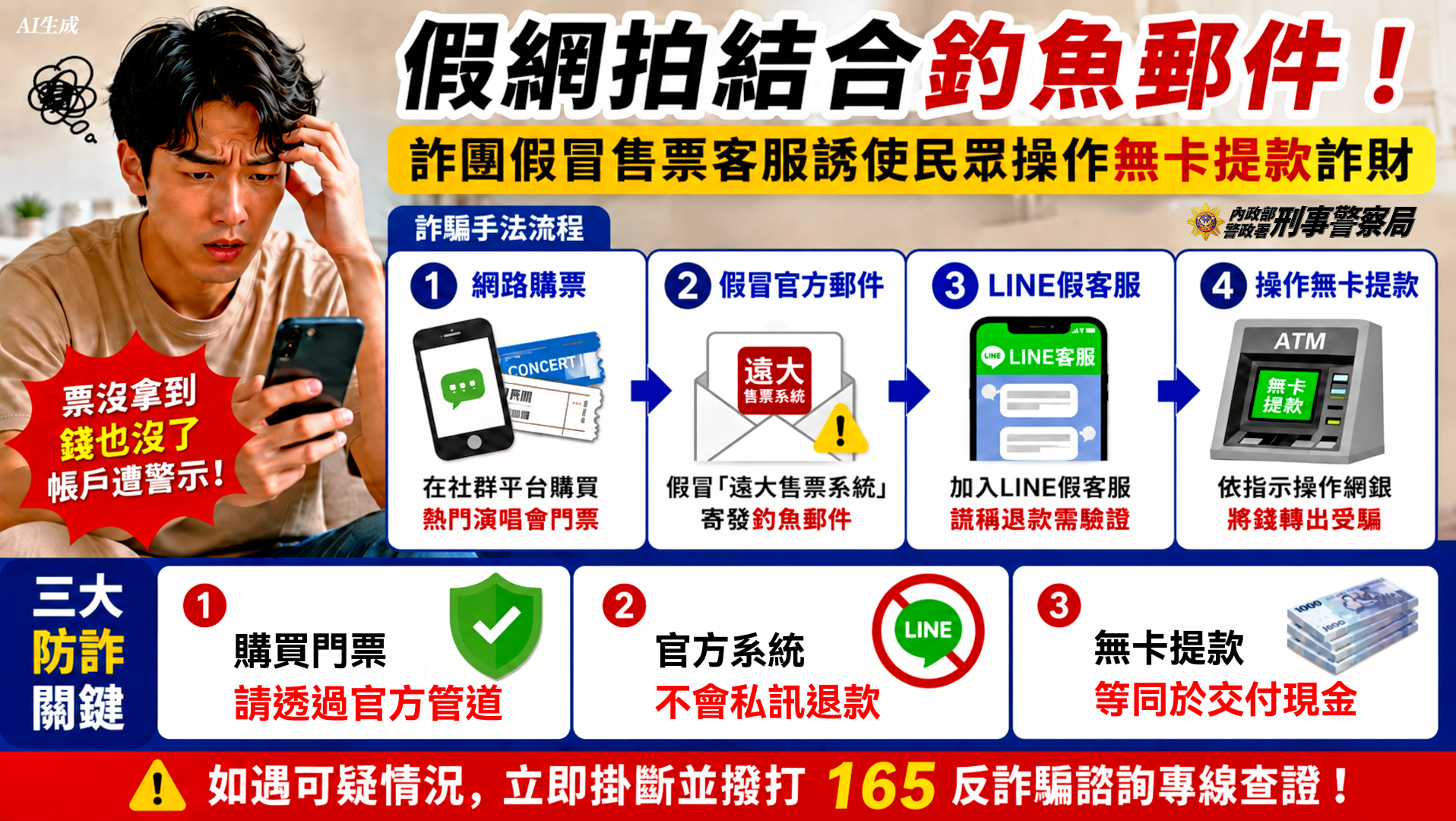 假網拍結合釣魚郵件  詐團假冒售票客服騙民眾操作無卡提款詐財