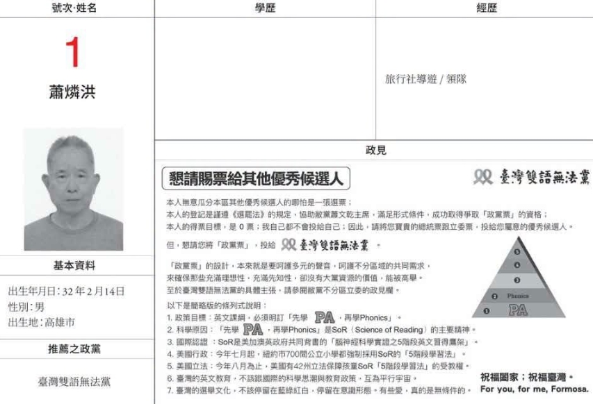 83歲的蕭燐洪在2024年曾經代表「臺灣雙語無法黨」參選台南市第5選區區域立委。(翻攝自台南式 Tainan style臉書)