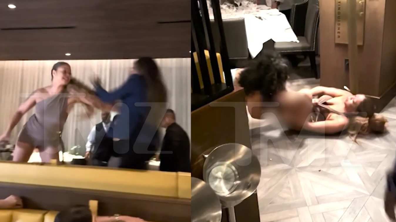 2名身穿華服的女子,在高檔牛排餐廳大打出手。(翻攝自TMZ)