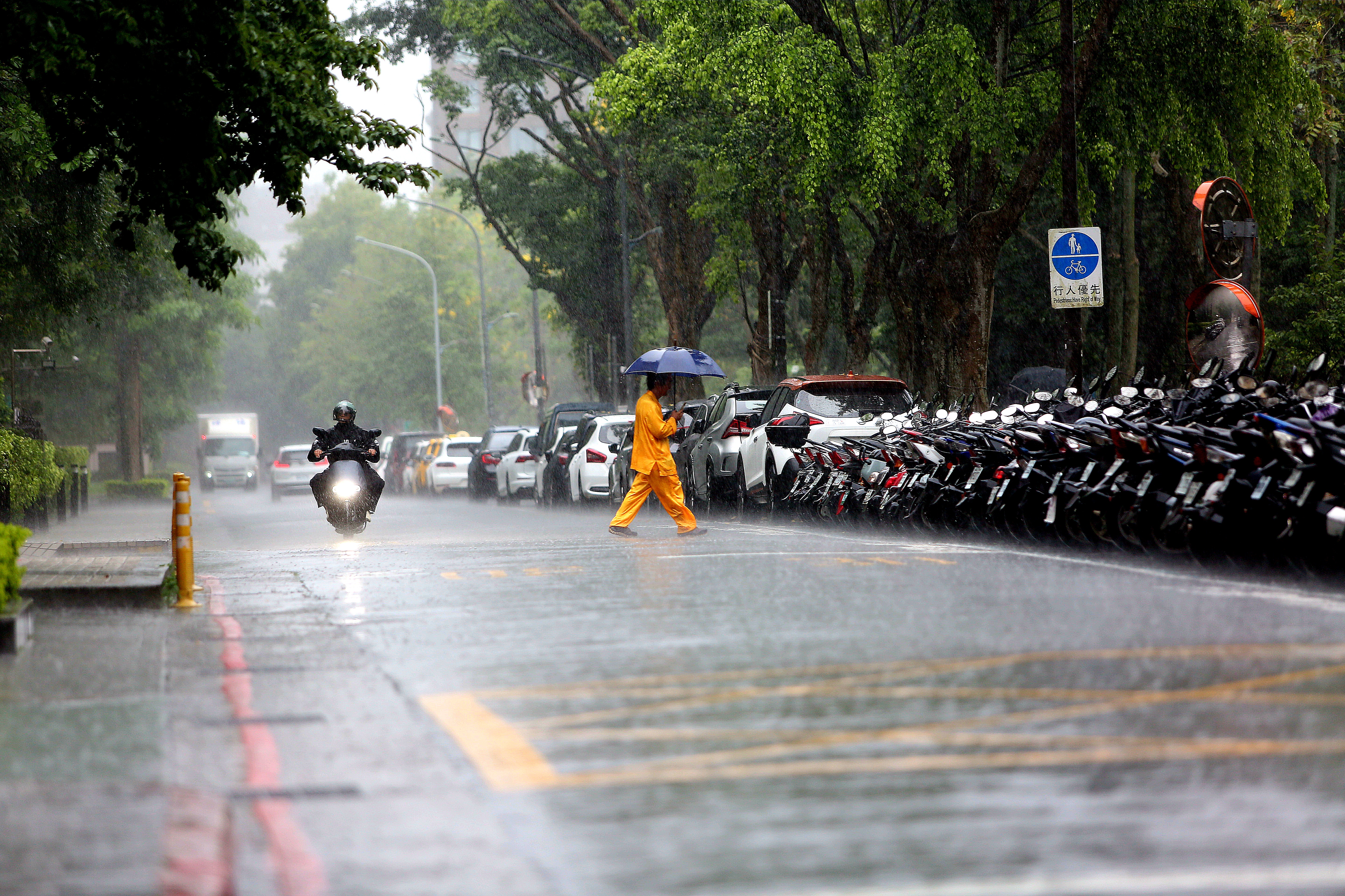 中央氣象署稍早對16縣市發布大雨特報、4縣市發布陸上強風特報。(鏡報姜永年)